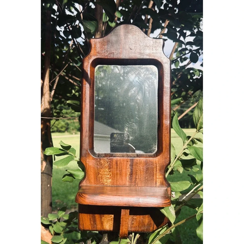 Vtg Wood Mirror Wall Sconce 70s plant Candle Holder Boho Farmhouse mid century